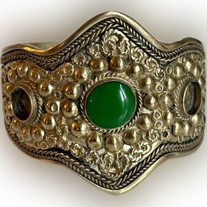 Moroccan Tribal Boho Statement Cuff Bracelet – Green Cabochon Accent